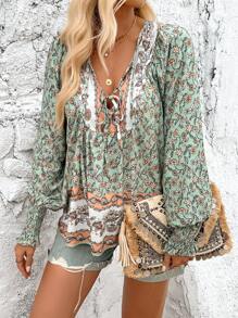 SHEIN VCAY 女士假日花卉印花系帶袖寬鬆襯衫 - 綠色 - 查看 6