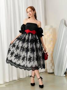 SHEIN Teen Girl Elegant Black And White Contrast With Red Bow Belt Sheer Embroidery Knit Strap Dress