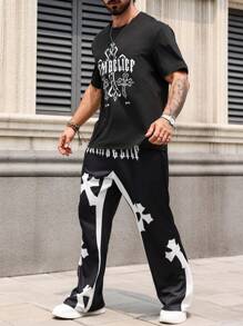 Manfinity Roughcore 男款大碼夏季信號交叉印花短袖休閒T恤和長褲套裝 - 彩色 - 查看 5