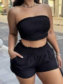 POPSWAY Conjunto de Top tomara que caia em Plus Size com babado e Shorts, Cor lisa - Preto - Visão 4