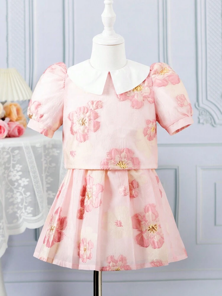Young Girl Wedding, Flower Girls, Vacation, Peter Pan Collar Short Sleeve Top And Pleated Skirt Set