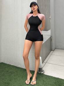 DAZY Solid Color Round Neck Short Sleeve One-Piece Swimsuit For Women Summer