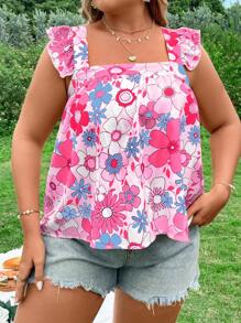 Flirla Maglietta estiva con maniche corte e stampa floreale per donne taglie comode, decorata con fiocco dietro