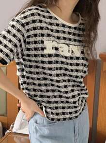 DAZY Camiseta holgada de mujer a cuadros negro y blanco