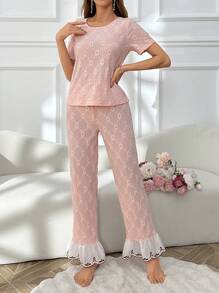 Conjunto de pijama de pantalón corto y top con cuello redondo de encaje bordado y jacquard perforado