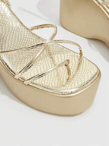 CUCCOO SZL 女士户外金色厚底情人节系带坡跟凉鞋夏季度假鞋派对坏人时尚别致华丽风格圣诞节秋季新年假期 - 金色 - 查看 4