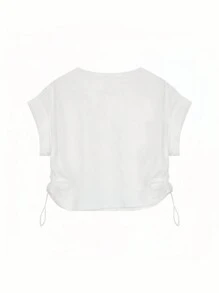 Women Summer Short Sleeve White T-Shirt With Letter Print Round Neckline, Designed For A Loose Fit And Featuring Drawstring Detailing