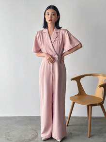 FRIFUL Women Solid Color Lapel Short Sleeve Casual Shirt With Wide Leg Jumpsuit For Summer - Pink - View 8