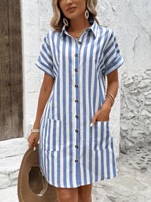 EMERY ROSE 可追溯棉質藍白條紋襯衫連衣裙（女裝）