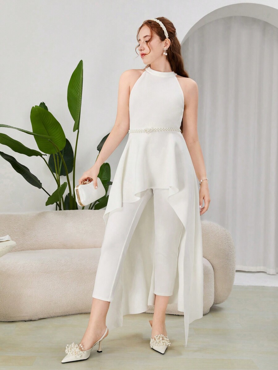 SHEIN Teen Girl White Asymmetrical Ruffle Hem Elegant Jumpsuit With