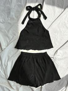 Flirla Conjunto de top halter y pantalones cortos sencillos para mujer