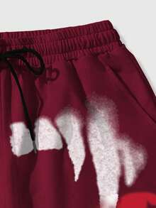 ROMWE MEN Goth Men's Skull Print Slogan Drawstring Waist Shorts, Suitable For Daily Wear In Spring And Summer - Red - View 5