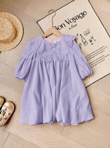 SHEIN Young Girl Loose Casual Embroidery Lantern Sleeve Midi Dress With Wide Neckline