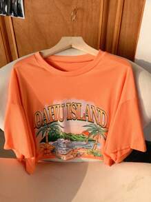 SHEIN Comfortcana 女士假日椰樹印花寬鬆T恤，採用箱型下擺設計 - 橘色 - 查看 4