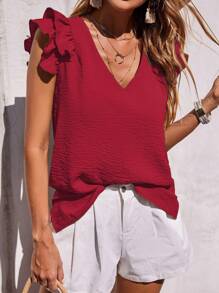 Breezaya Ladies Simple Solid Color V-Neck Layered Ruffle Armhole Blouse For New Year Clothes