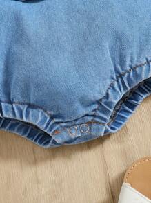 SHEIN Salopette in denim per bambine con motivo 'Love' e ricamo con lettere, adatte per esterni e tempo libero, tessuto lavato ad acqua confortevole