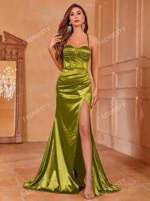 Faeriesty Ruched Bust Backless Lace Up Split Thigh Satin Cami Dressd