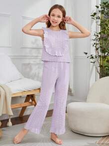 SHEIN Bộ đồ ngủ 2 mảnh cho bé gái tuổi mới lớn, thiết kế, quần dài & quần short tay ngắn, đồ mặc nhà rộng rãi thoải mái - Màu tím - Xem 5