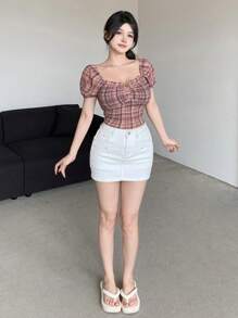 DAZY Women's Plaid Off-Shoulder Puff Sleeve Blouse Summer,Crop Tops Women,Off Shoulder Top,Back To School Clothes - Red - View 2