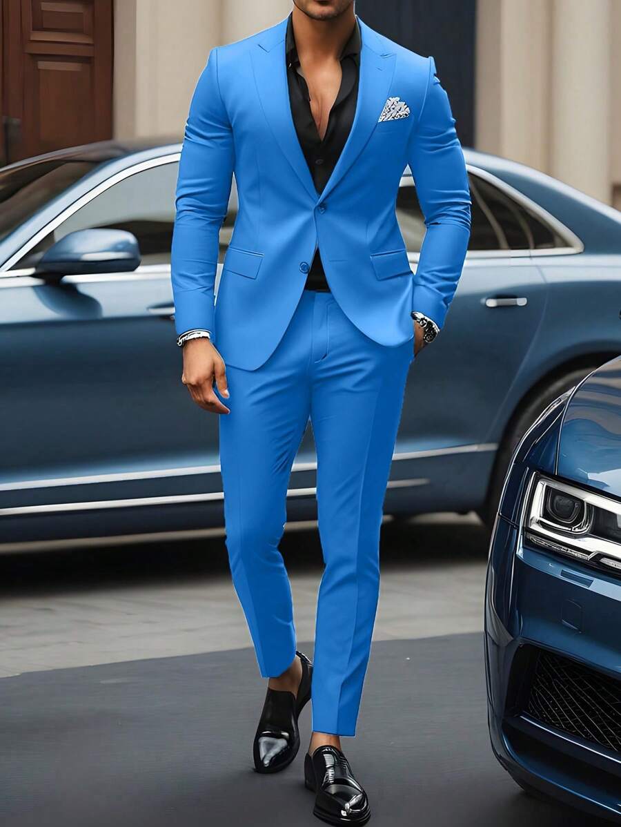 Manfinity Mode Conjunto De Chaqueta Y Pantalón De Traje Para Hombre En Color Sólido Con Cuello De Solapa