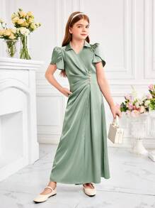 少女制服學院風襯衫領花瓣袖珍珠裝飾中長款連衣裙