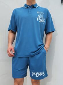 Manfinity Homme Set de cămașă polo și pantaloni scurți casual de vară pentru bărbați, cu imprimeu cu litere și urs - Albastru - Vizualizare 1