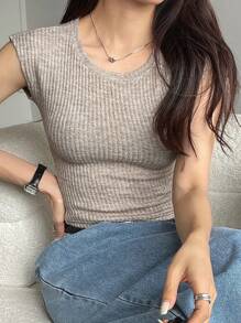 DAZY 女士紧身短袖针织网纱上衣，蓬松质感，夏季，短款上衣