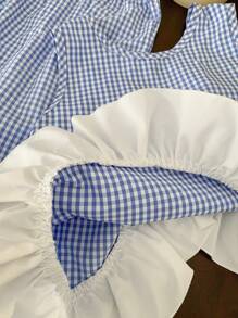 SHEIN Young Girl Casual Blue And White Checkered Set With Bow Back Design And Ruffle Hem - Blue and White - View 4