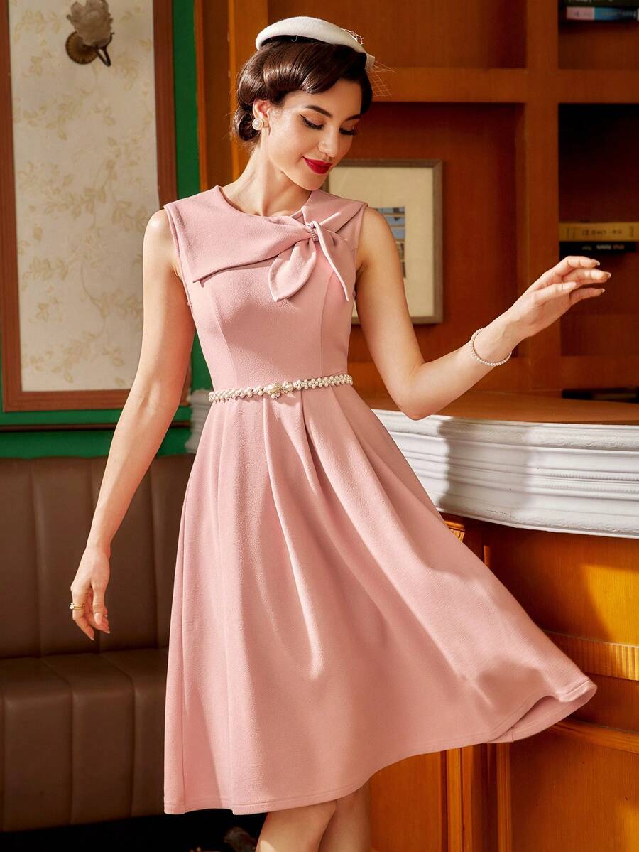 Vintamour 复古优雅女式不对称高低下摆连衣裙，宽松，无袖，圆领，系带领，粉色，带伞形下摆，适合春夏蝴蝶结夏装连衣裙长裙母亲节连衣裙节日服装母亲节服装毕业礼服教师毕业服装教师礼服 - 粉色 - 查看 1