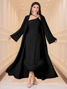 Modelyn Ladies' Solid Color Asymmetrical Neckline Fringe Dress And Casual Long Jacket, 2pcs/Set 2 Pieces Set - Black - View 3