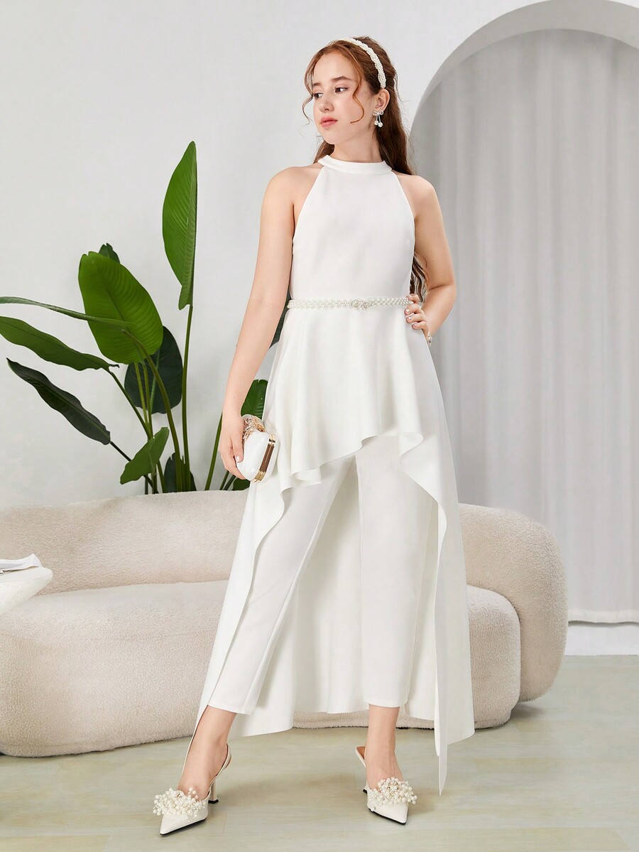 SHEIN Teen Girl White Asymmetrical Ruffle Hem Elegant Jumpsuit With