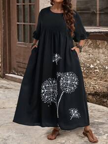 EMERY ROSE Robe longue imprimée asymétrique en lin blanc et bleu avec taille élastiquée et imprimé de pissenlit pour femmes grandes tailles pour les vacances et les loisirs en été - Noir et Blanc - Voir 3