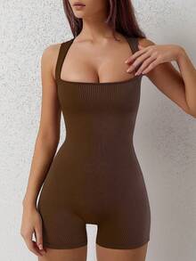 Casual Knit Ribbed Fabric Sleeveless Romper Unitard - Brown - View 4