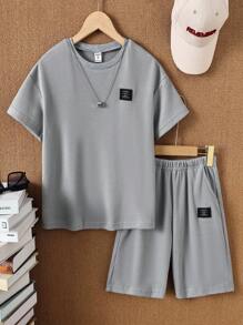 SHEIN Tween Boy Simple Daily Wear V-Neck Short Sleeve T-Shirt And Shorts Set - Grey - View 6