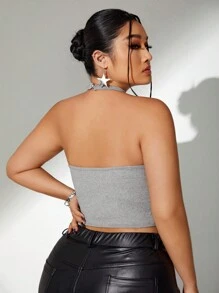 SHEIN ICON Plus Size Solid Hollow Out Halter Neck Street Style Summer Crop Tank Top