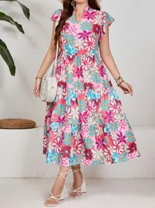 SHEIN LUNE Plus Size Women Elegant Floral Print Summer Holiday Dress With Notched V-Neckline And Short Flared Sleeves