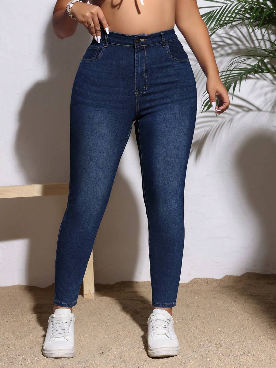 SHEIN VCAY Plus Size Nữ Màu trơn Phong cách đơn giản Quần jean hàng ngày - Rửa tối - Xem 1