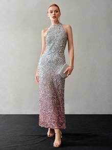 MOTF PREMIUM OMBRE SEQUINS HALTER NECK DRESS,HOLIDAY PARTY BIRTHDAY FORMAL EVENING OCCASSION - Silver - View 7