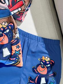 SHEIN 男嬰和女嬰休閒針織可愛卡通圖案短袖T恤和彈性腰短褲套裝，夏季適用 - 彩色 - 查看 6