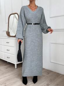 V Neck Oversize Midi Dress Elegant Street Casual Simple - Light Grey - View 4