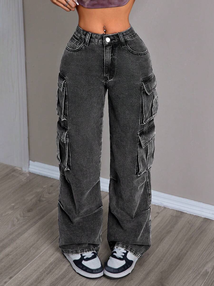 SHEIN PETITE Quần jean nữ công sở dáng rộng vừa vặn có nhiều túi - màu đen - Xem 1