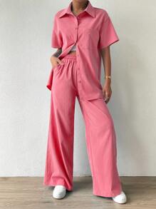 Chiquease Ladies' Summer Solid Color Drop-Shoulder Short Sleeve Casual Shirt And Loose Pants 2pcs Set - Watermelon Pink - View 4