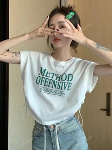 Women Summer Short Sleeve White T-Shirt With Letter Print Round Neckline, Designed For A Loose Fit And Featuring Drawstring Detailing