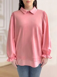 SHEIN Unity Plus Size Women Summer Solid Color Turn-Down Collar Short Bubble Sleeve Loose T-Shirt