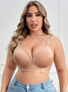 大码女士纯色无钢圈文胸，1 件 - 杏色 - 查看 4