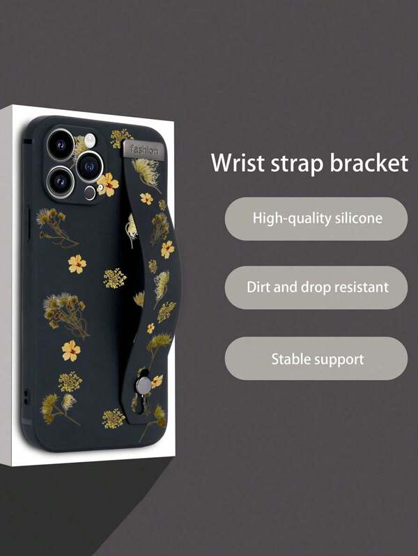1pc Black Tpu Mobile Phone Case With Wrist Strap & Ditsy Floral, Shockproof Compatible With IPhone, Android, Samsung, Xiaomi, Oppo