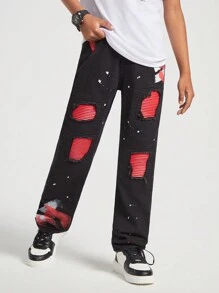 SHEIN Tween Boy Fashionable Water Washed Ripped Jeans With Patchwork, Color Blocking And Spray Painting Design For Street Style And Casual Occasions - Black - View 1