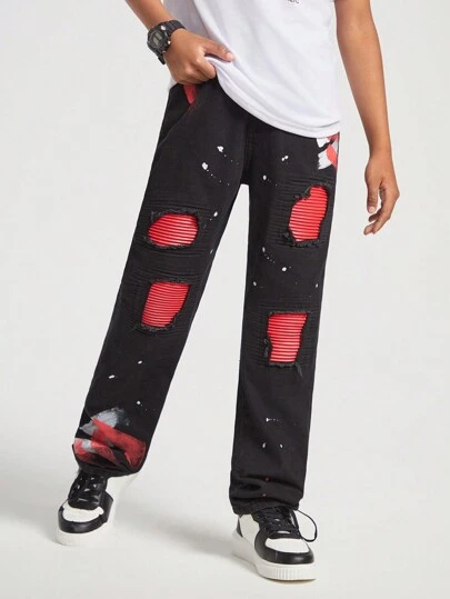 SHEIN Tween Boy Fashionable Water Washed Ripped Jeans With Patchwork, Color Blocking And Spray Painting Design For Street Style And Casual Occasions