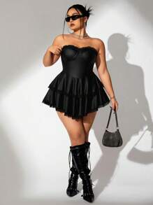 SHEIN ICON Vestido sin tirantes de verano de talla grande con encaje, capas con cordón en la cintura