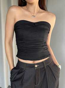 DAZY Dames zomer effen kleur rekbare ruches slim fit cropped tube top